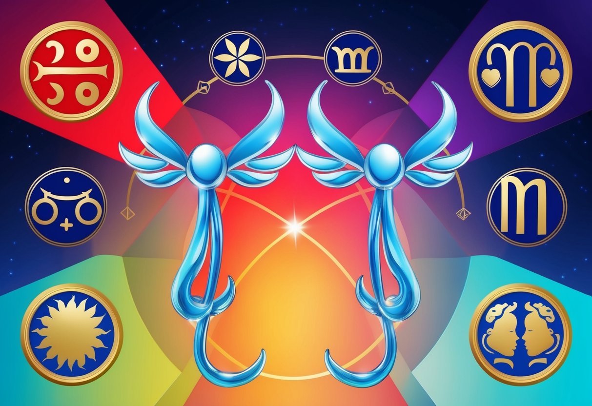 Two Gemini symbols surrounded by the zodiac signs of compatible partners