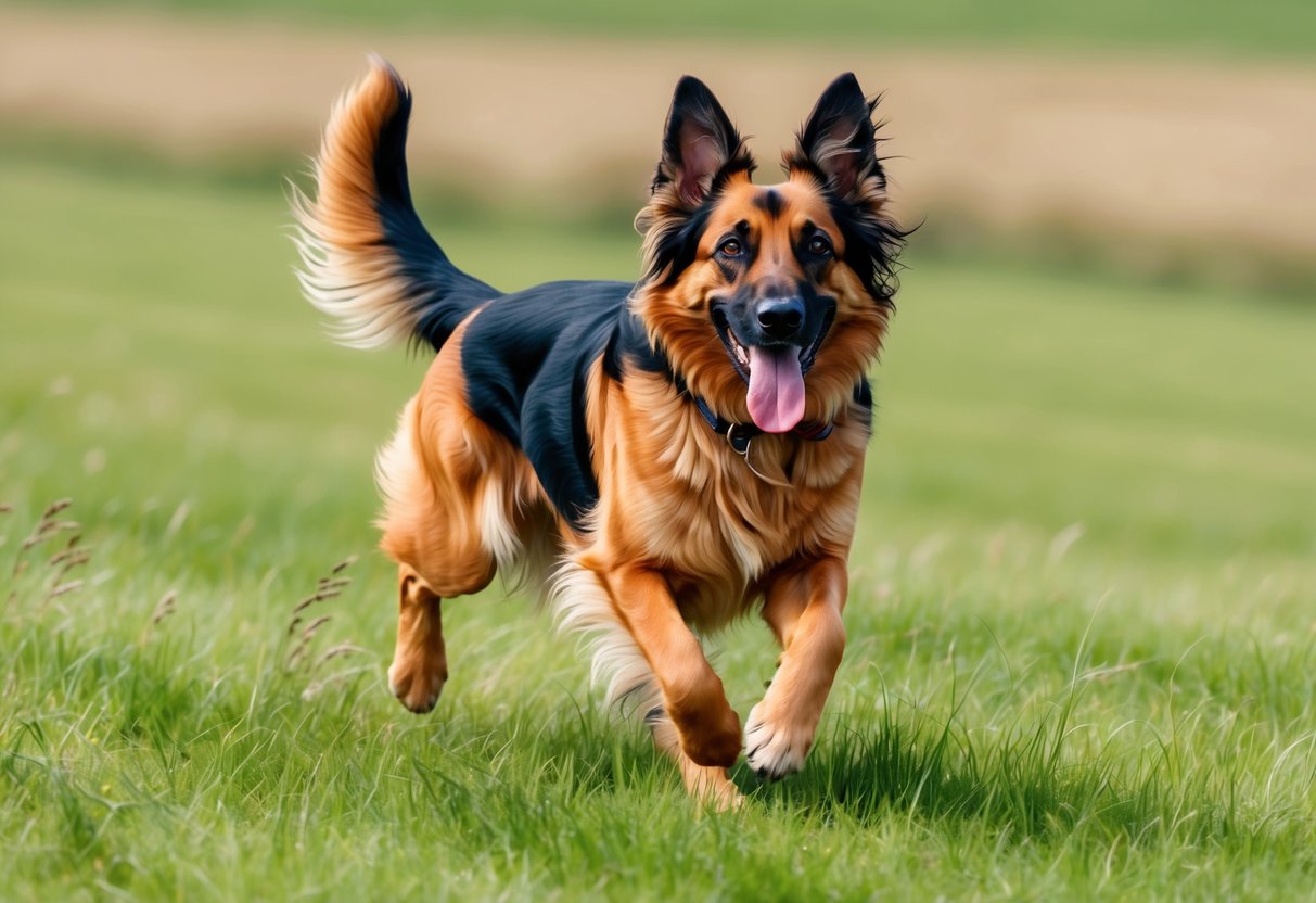 A Dutch Shepherd dog running through a grassy field with its tongue hanging out and ears flopping in the wind