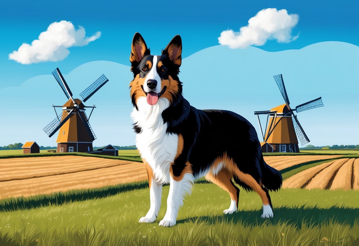 A Dutch Shepherd dog stands proudly in a rural Dutch landscape, surrounded by fields and windmills under a bright blue sky