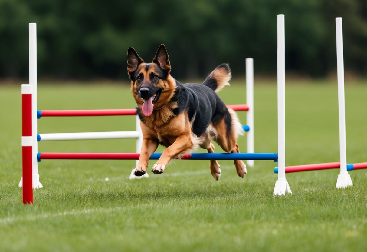 A Dutch Shepherd dog runs through an agility course, jumping over hurdles and weaving through poles during training