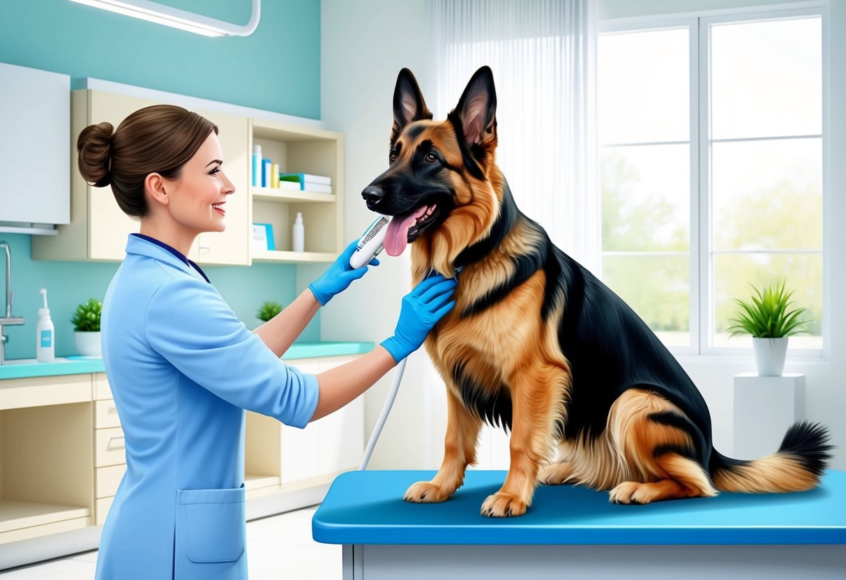 A Dutch Shepherd dog being groomed and checked by a veterinarian in a bright, clean clinic