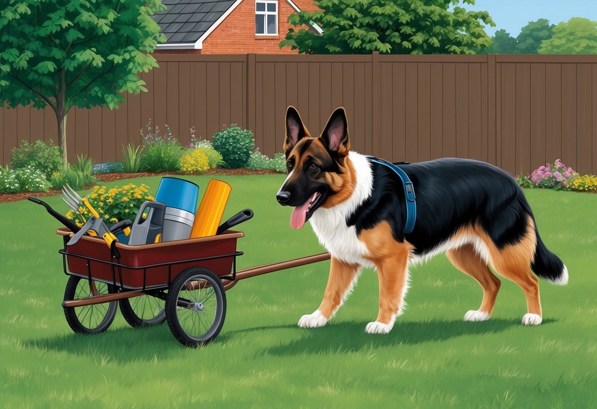 A Dutch Shepherd dog assists with yard work, carrying tools and pulling a cart