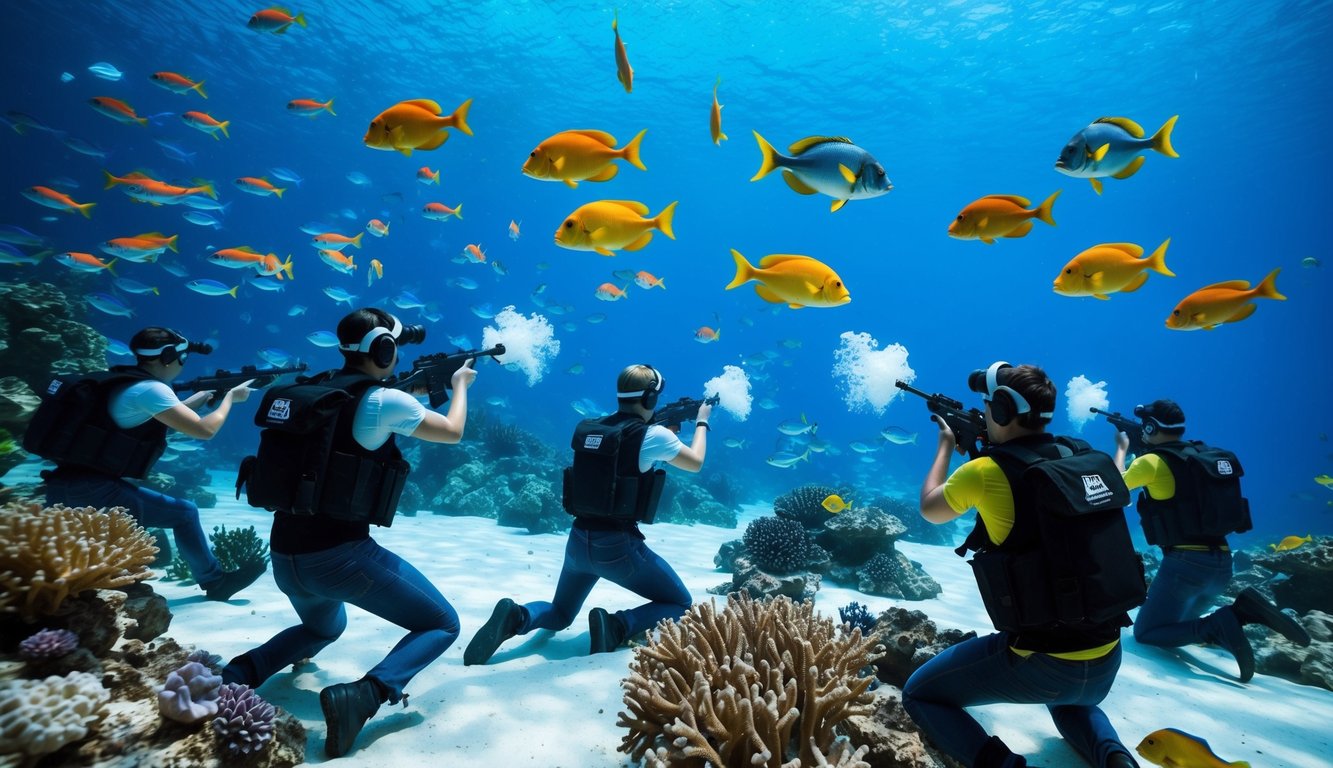 Dunia bawah laut dengan ikan berwarna-warni, terumbu karang, dan sekelompok pemain yang menembaki ikan dalam permainan multipemain daring