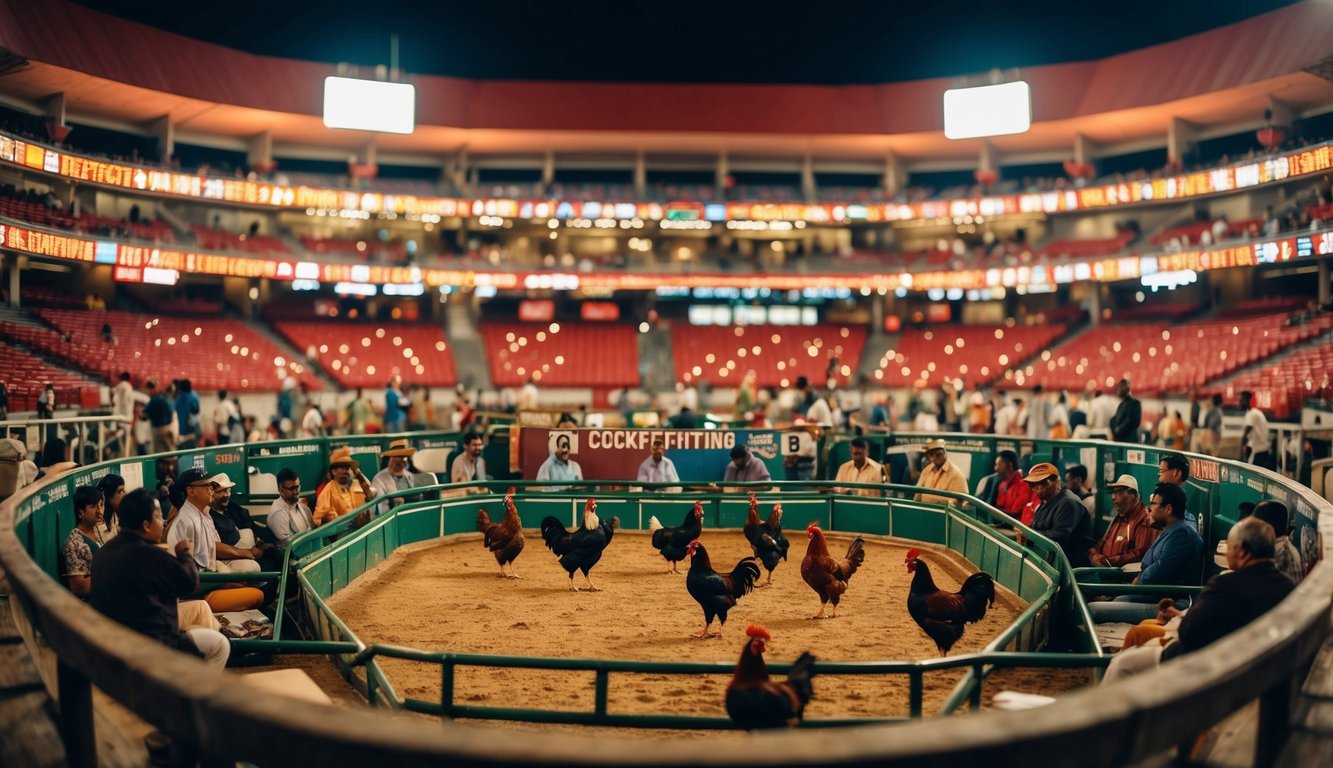 Sebuah arena sabung ayam resmi yang ramai dengan berbagai pilihan taruhan