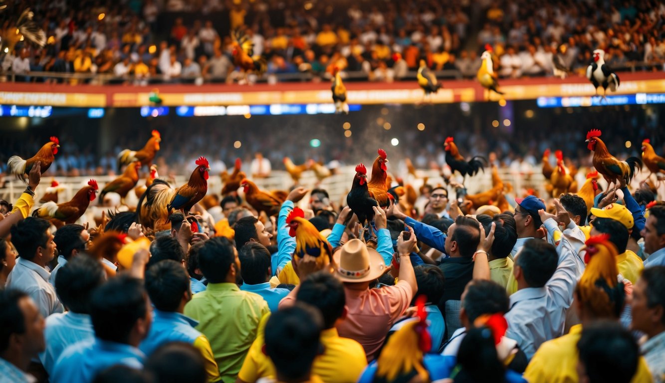 Sebuah arena yang ramai dipenuhi dengan penonton yang bersorak dan ayam jantan berwarna-warni di tengah pertarungan ayam yang sengit