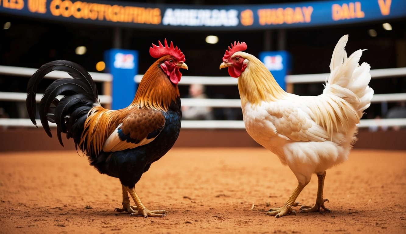 Seekor ayam jantan dan seekor ayam betina berhadapan di arena sabung ayam daring dengan promosi harian