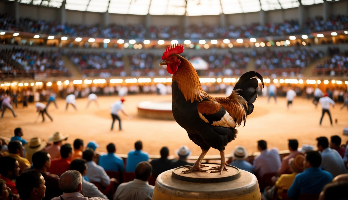 Sebuah arena sabung ayam yang hidup, berkualitas tinggi dengan kerumunan besar dan aktivitas taruhan yang intens