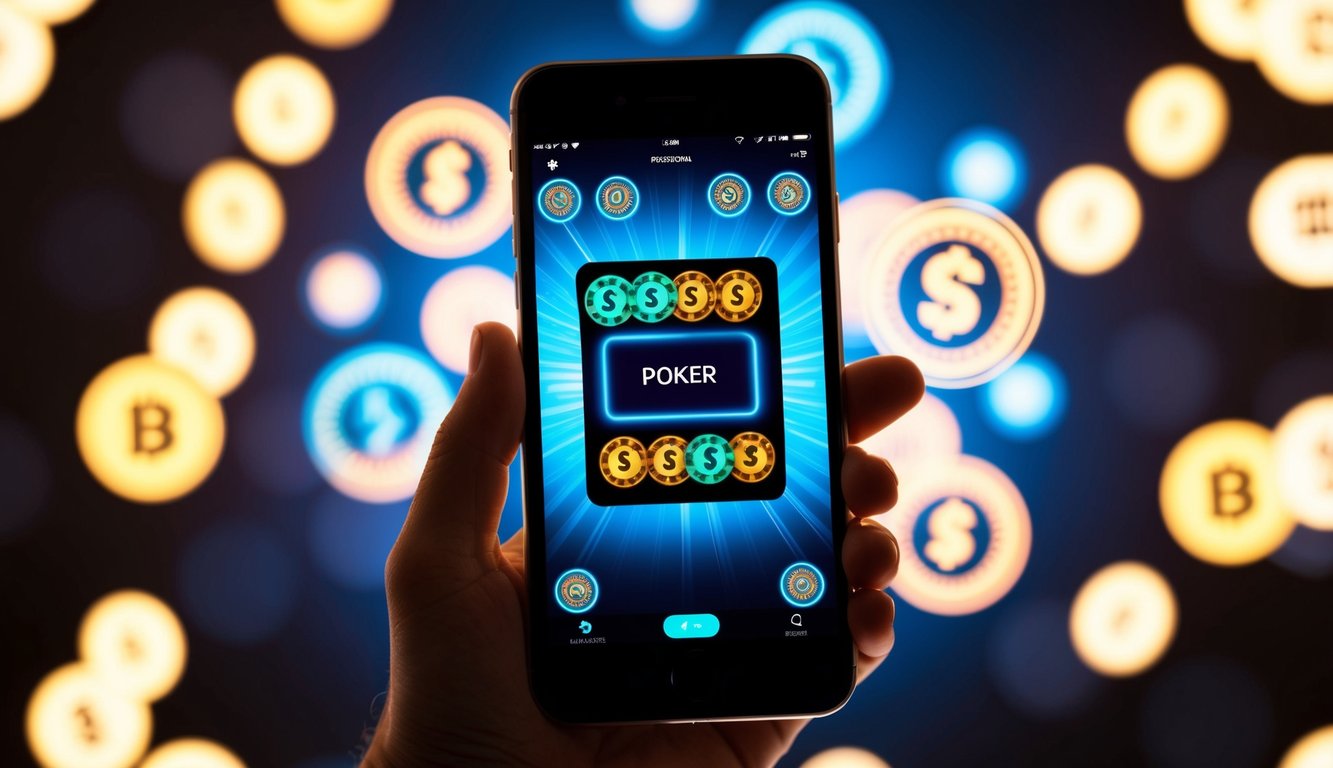 Sebuah smartphone dengan aplikasi poker terbuka, dikelilingi oleh simbol mata uang digital yang berdenyut.