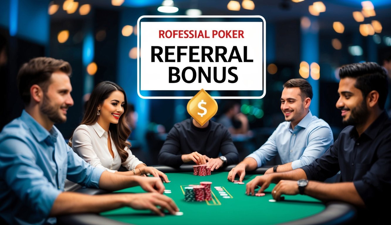 Sekelompok orang sedang bermain poker di platform online, dengan bonus referral besar yang disorot