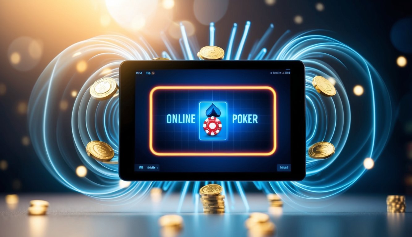 Sebuah perangkat digital dengan layar yang bersinar menampilkan permainan poker, dikelilingi oleh gelombang energi yang berdenyut yang mewakili penggunaan poker online dengan setoran pulsa.