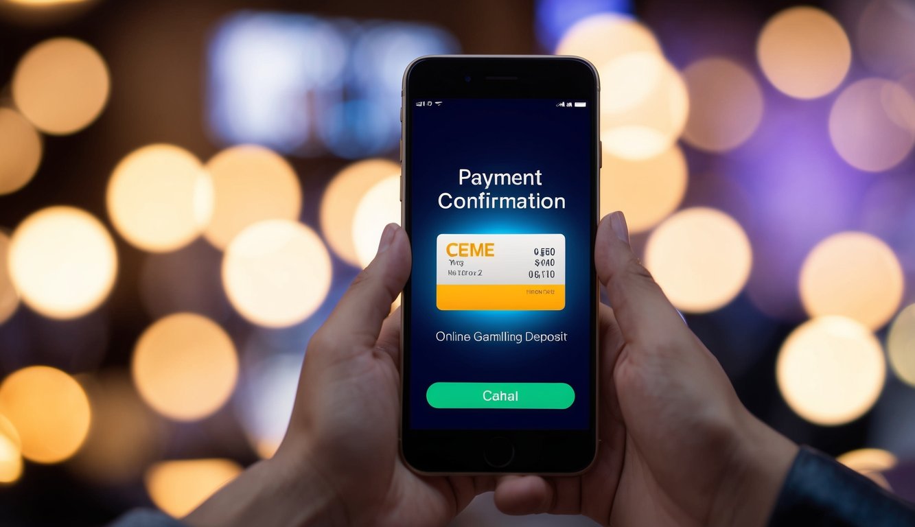 Sebuah smartphone dengan layar yang bersinar menampilkan konfirmasi pembayaran digital untuk deposit perjudian ceme online