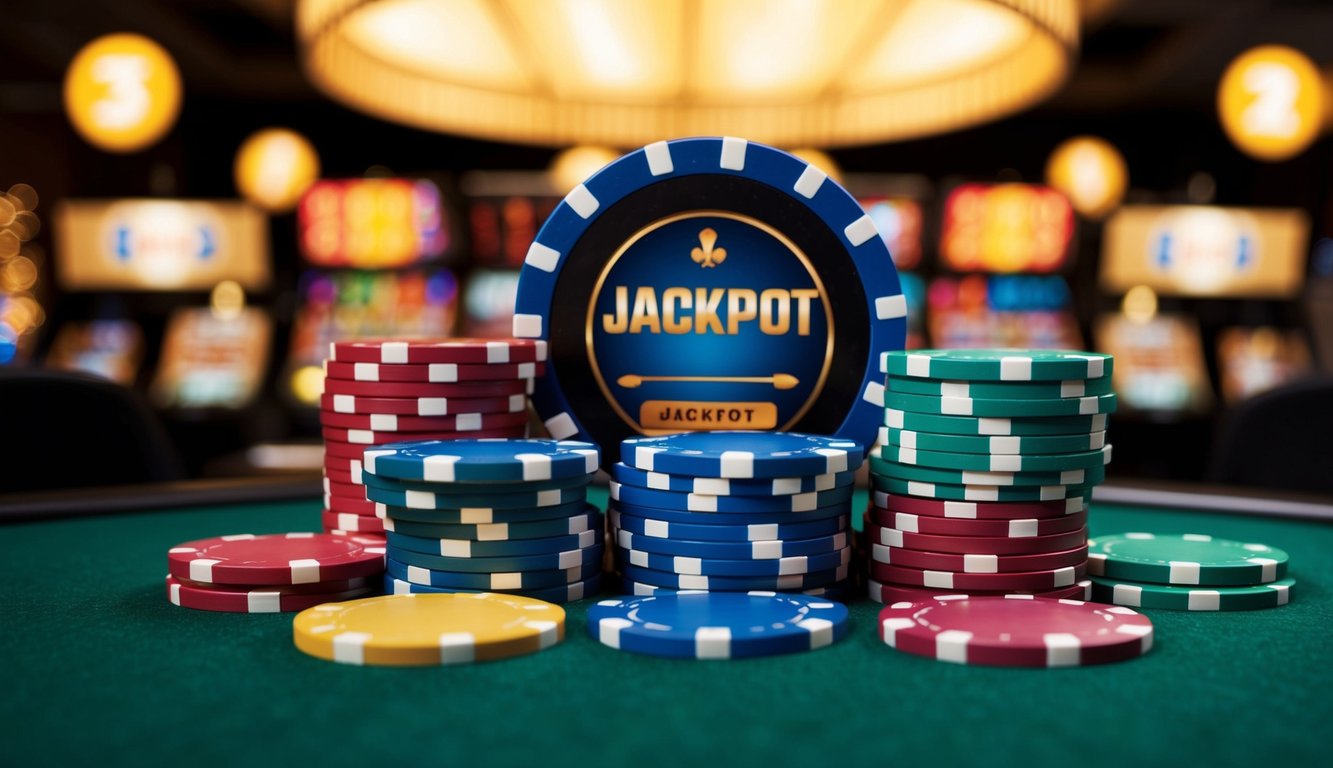 Sekelompok chip permainan ceme berwarna-warni disusun dalam lingkaran, dengan tanda jackpot dan simbol probabilitas tinggi di latar belakang