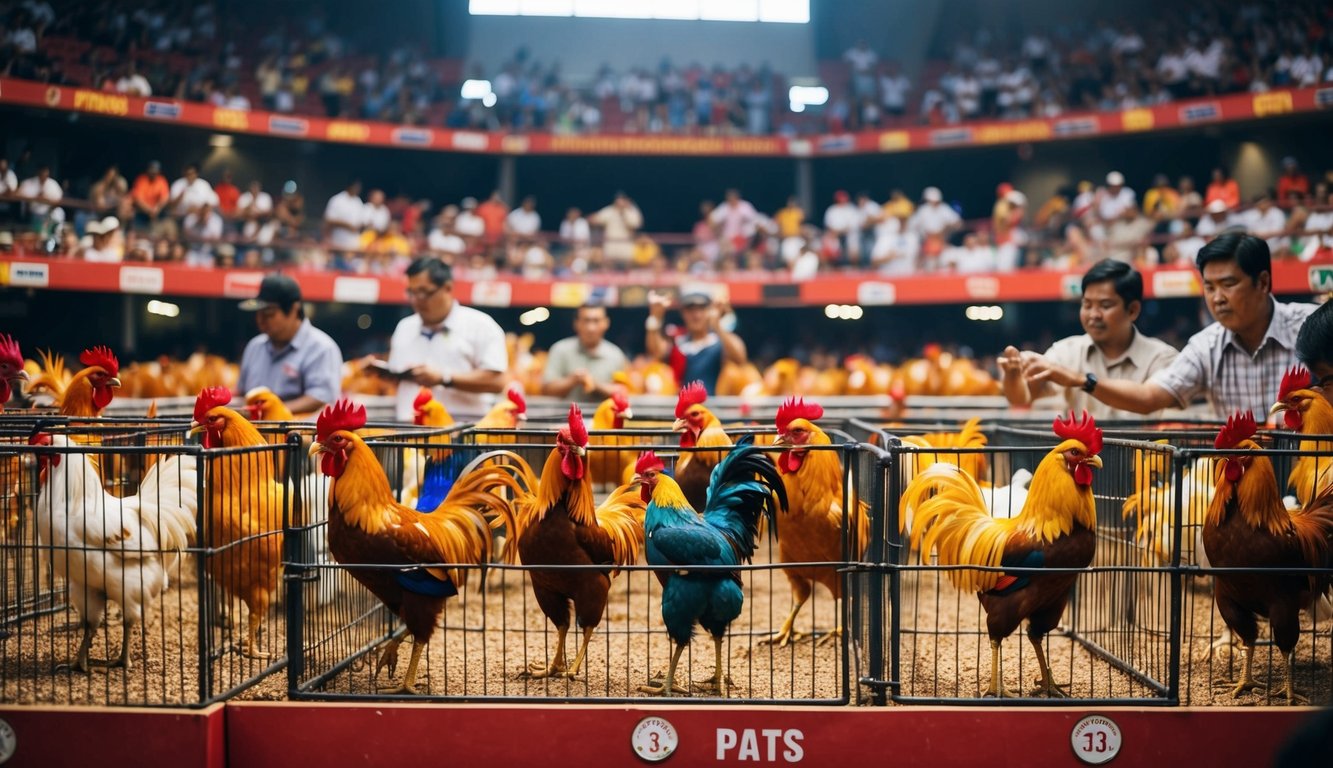 Sebuah arena yang ramai dengan ayam jantan berwarna-warni dalam kandang individu, dikelilingi oleh penonton yang antusias memasang taruhan di platform sabung ayam resmi.