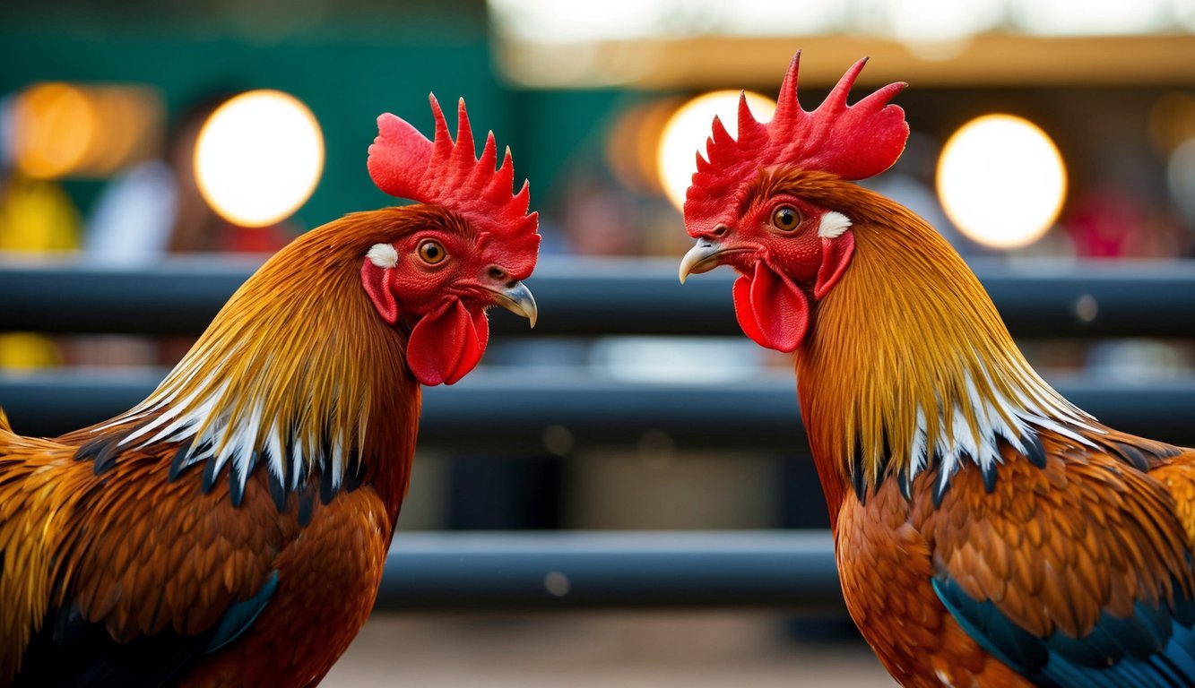 Dua ayam jantan berhadapan dalam sabung ayam yang meriah dengan sistem taruhan yang fleksibel