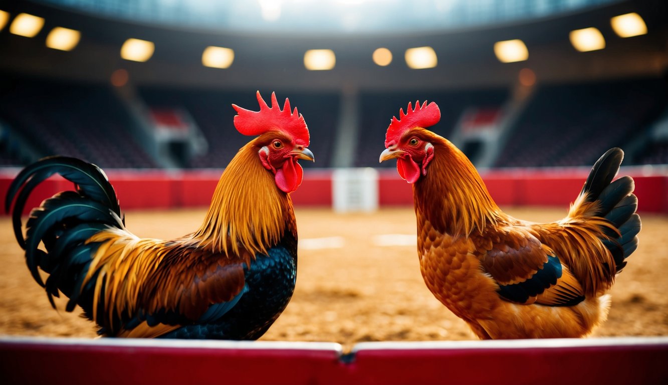 Seekor ayam jantan dan seekor ayam betina berhadapan di arena sabung ayam online dengan layanan nonstop 24 jam