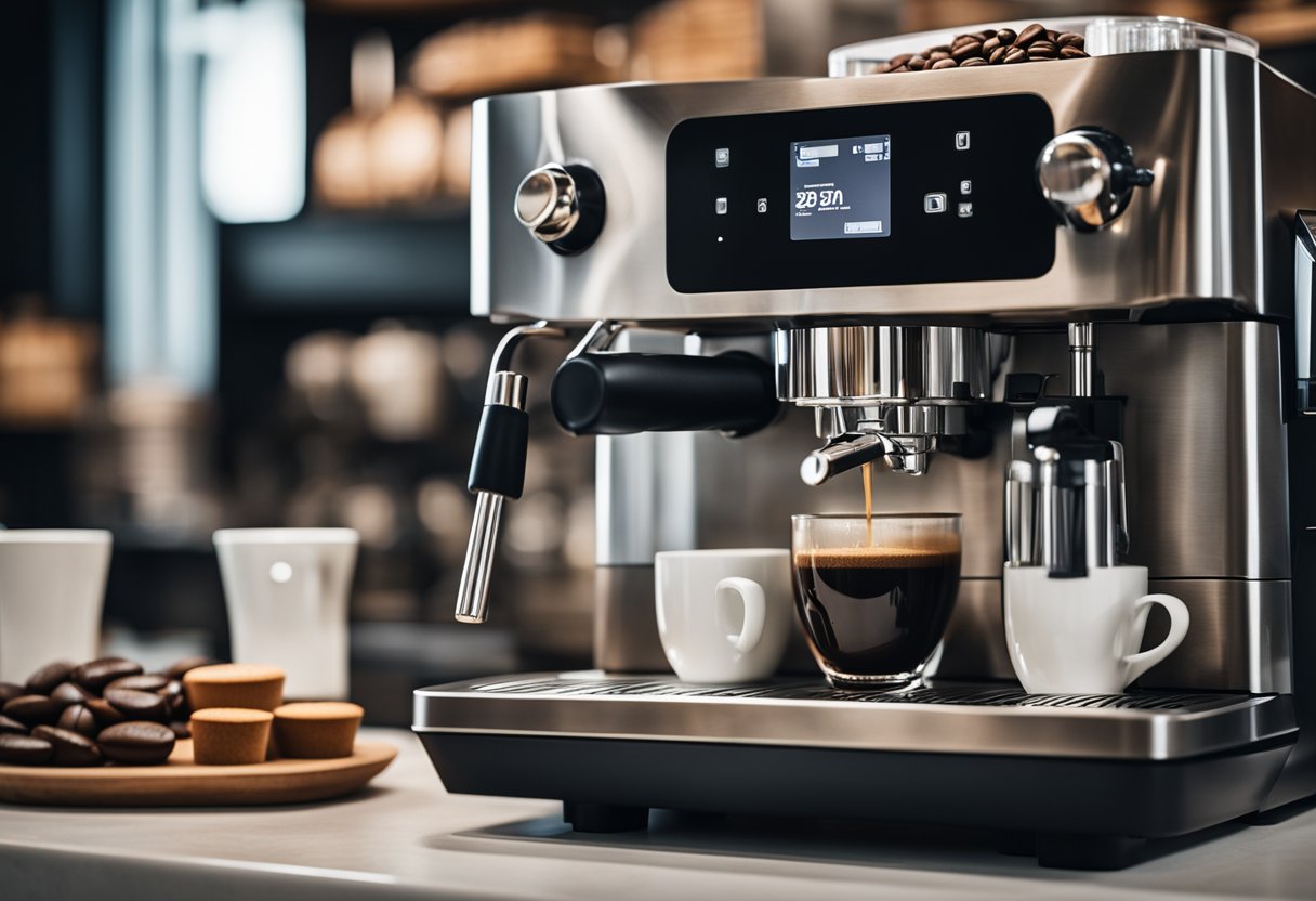 A modern coffee machine with an integrated grinder sits on a sleek countertop, surrounded by bags of premium coffee beans