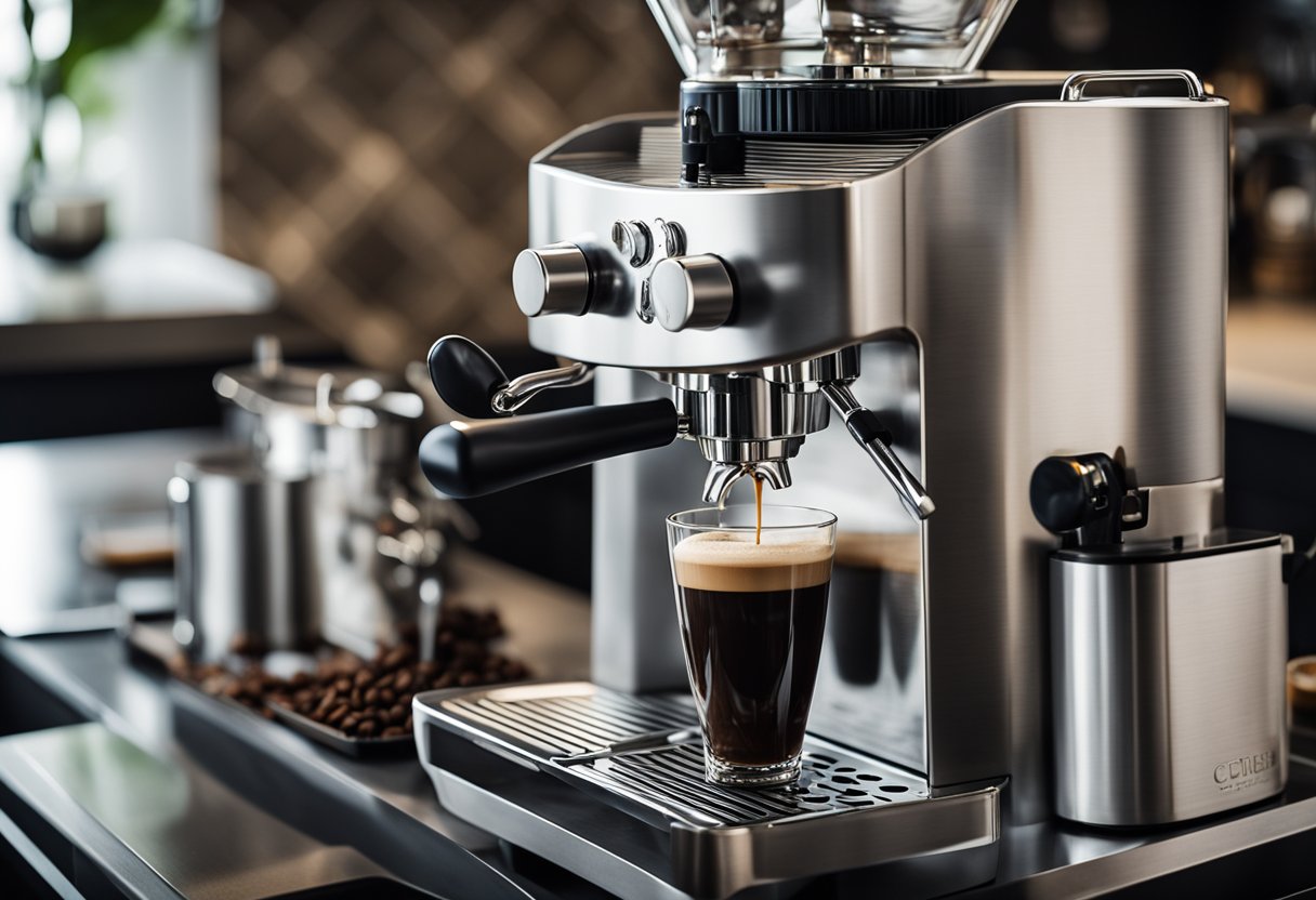 A sleek espresso machine with an integrated grinder sits on a clean, modern kitchen counter. Fresh coffee beans are being poured into the grinder, ready to be transformed into a rich, aromatic espresso