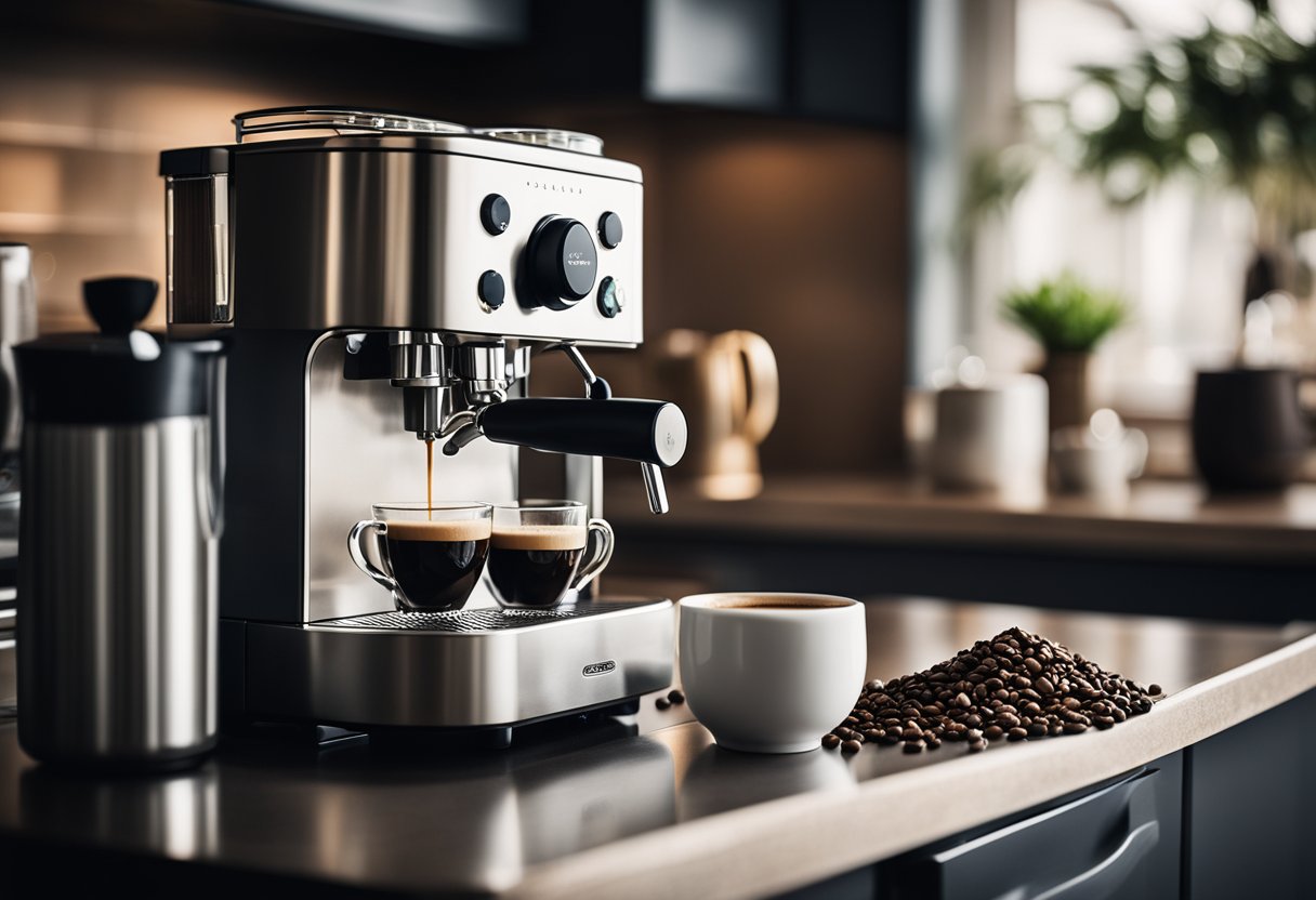 A sleek espresso maker with an integrated grinder sits on a modern kitchen countertop, surrounded by freshly ground coffee beans and a steaming cup of espresso