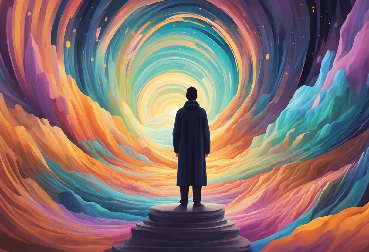 A figure peers through a glowing portal into a surreal landscape of swirling colors and shapes, surrounded by a sense of mystery and wonder