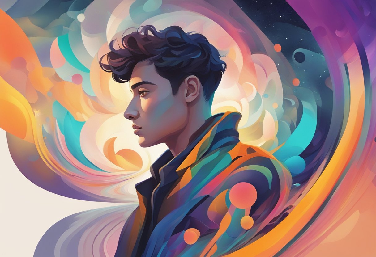 A figure gazing into the distance, surrounded by swirling colors and abstract shapes, with a sense of mystery and exploration