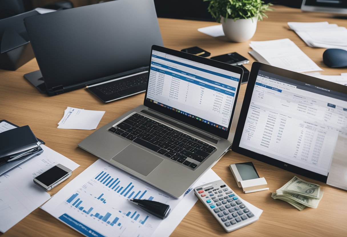 A table with a spreadsheet, calculator, and blueprints. A stack of invoices and receipts. A laptop open to a budgeting software