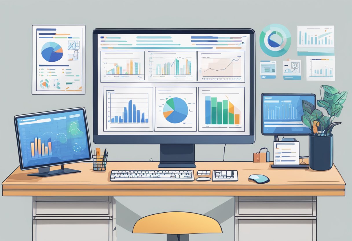 A desk with a computer screen displaying AI testing tools, surrounded by charts and graphs