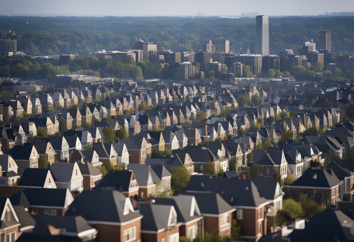 A city skyline with rows of houses and buildings, some with "foreclosure" signs