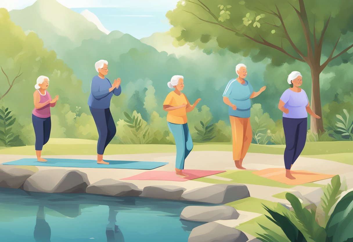 A group of elderly individuals engage in various low-impact activities such as walking, swimming, and yoga in a serene natural setting