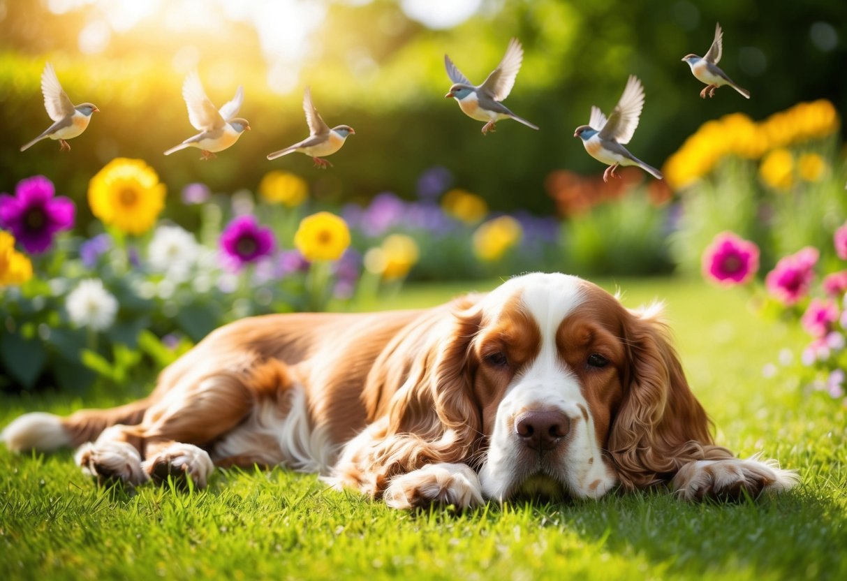 A contented cocker spaniel lying peacefully in a sunlit garden, surrounded by colorful flowers and chirping birds