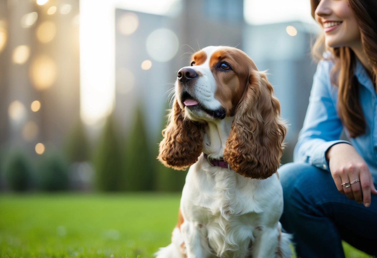 A cocker spaniel sits beside one person, wagging its tail and looking up with adoring eyes