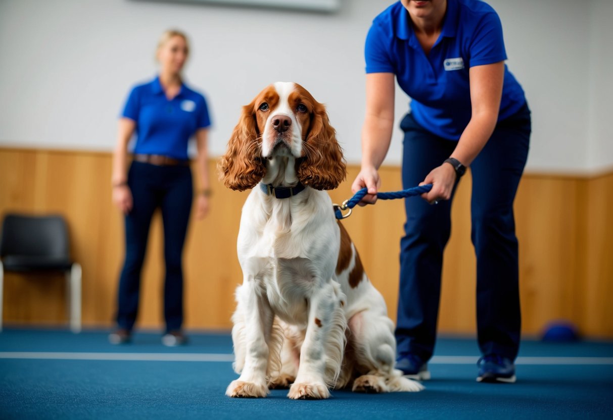 A cocker spaniel successfully performing obedience commands in a training class with a focused trainer and a positive atmosphere