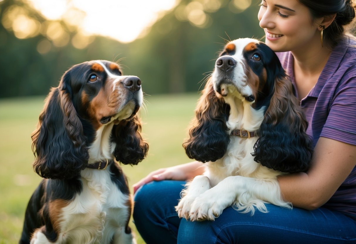 A cocker spaniel sitting by the side of a person, looking up at them with adoring eyes