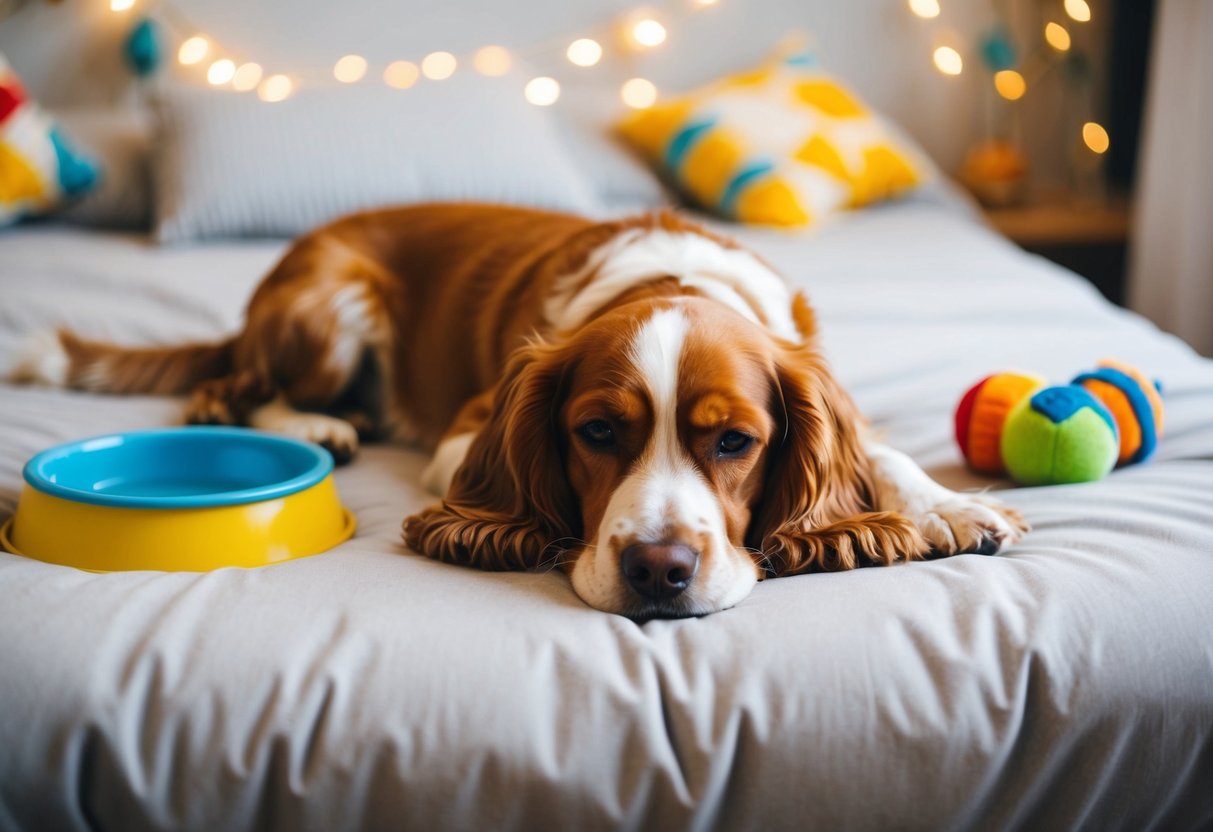 A peaceful scene of a mature cocker spaniel lying contentedly on a soft bed, surrounded by toys and a water bowl