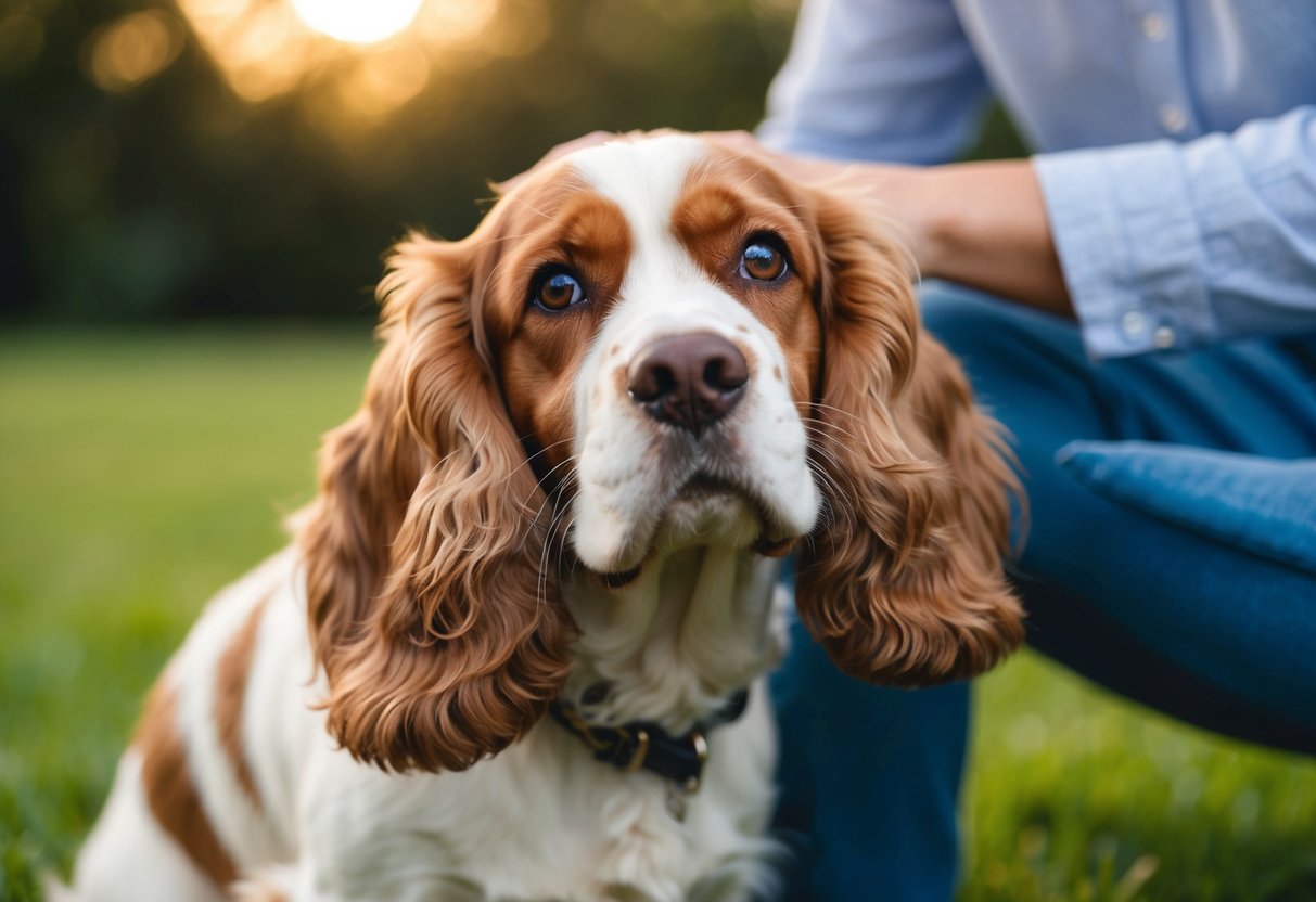 A cocker spaniel nuzzles against its owner's leg, gazing up with adoring eyes