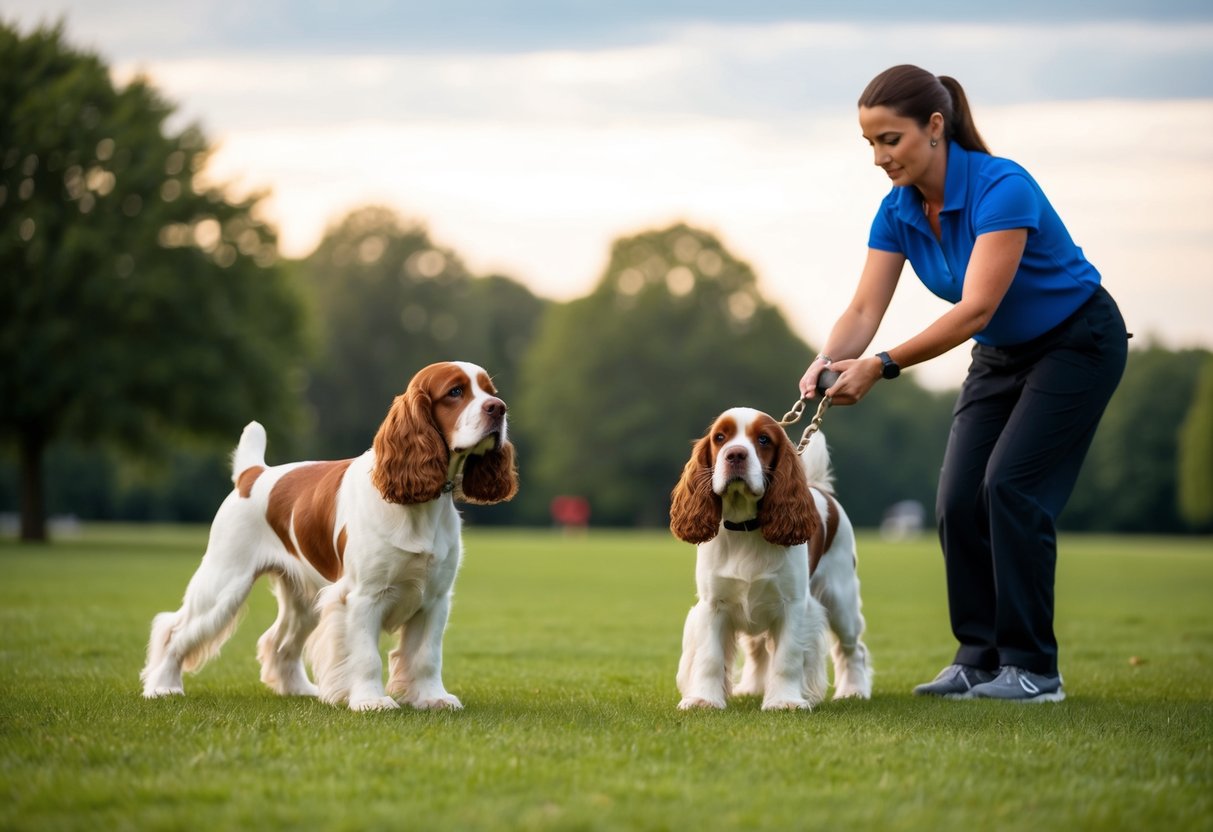 Two cocker spaniels performing obedience exercises with their trainer in a park