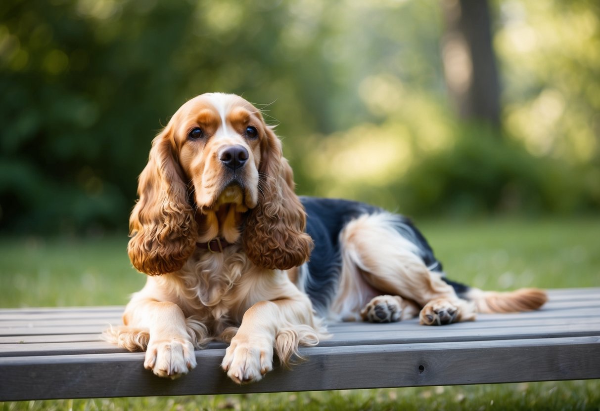 A mature cocker spaniel lounges in a peaceful setting, surrounded by serene nature, displaying a relaxed and content demeanor
