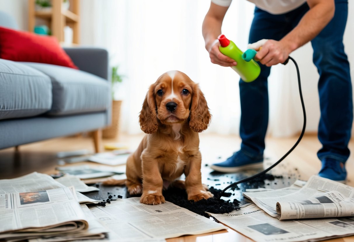 A cute cocker spaniel puppy making a mess indoors, with scattered newspapers and a frustrated owner holding a cleaning spray bottle