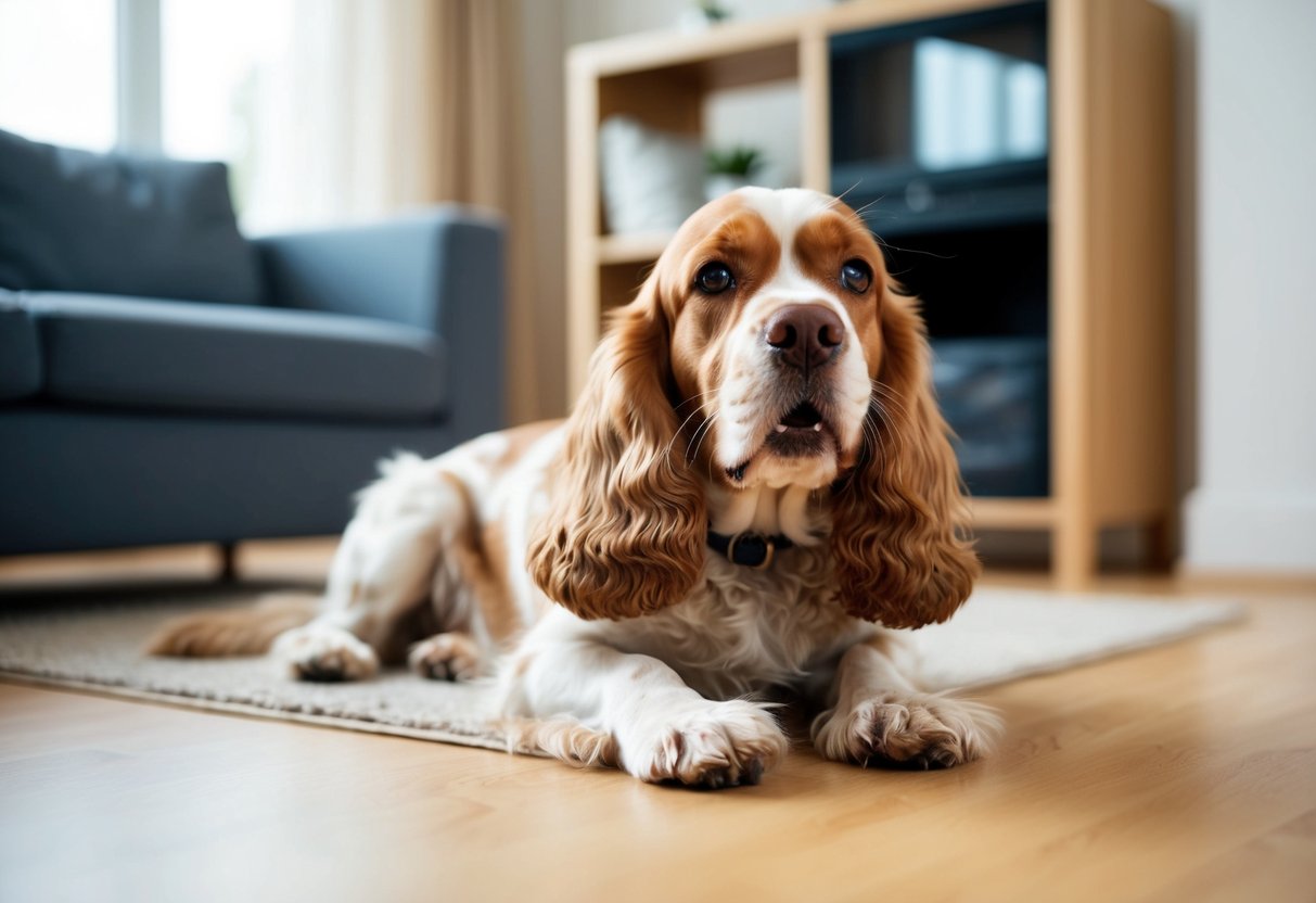 A bored Cocker Spaniel chews on furniture, barks incessantly, and paces around the house, displaying signs of anxiety and restlessness