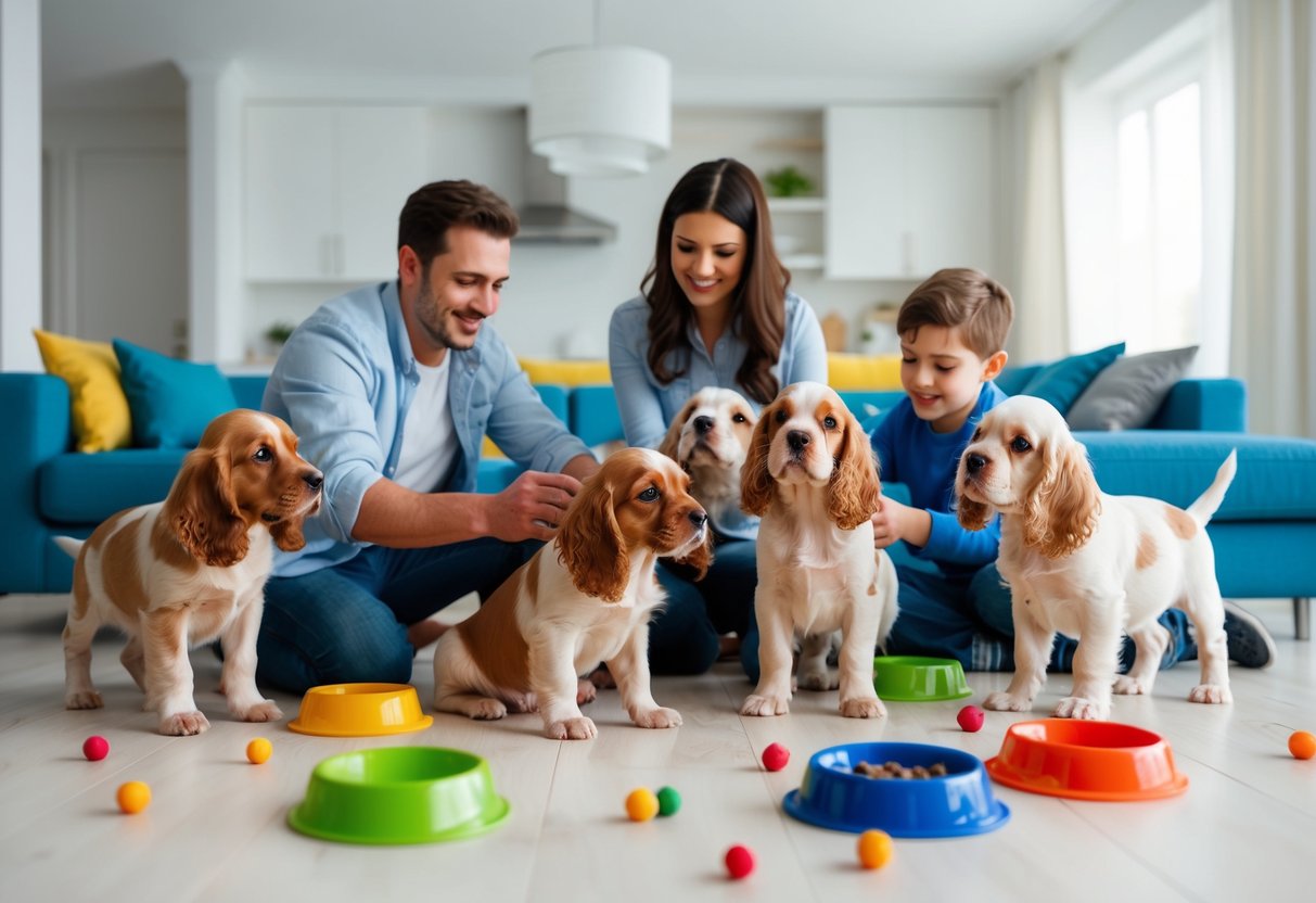 A family playing with a litter of cocker spaniel puppies in a spacious and clean living room, with toys and food bowls scattered around