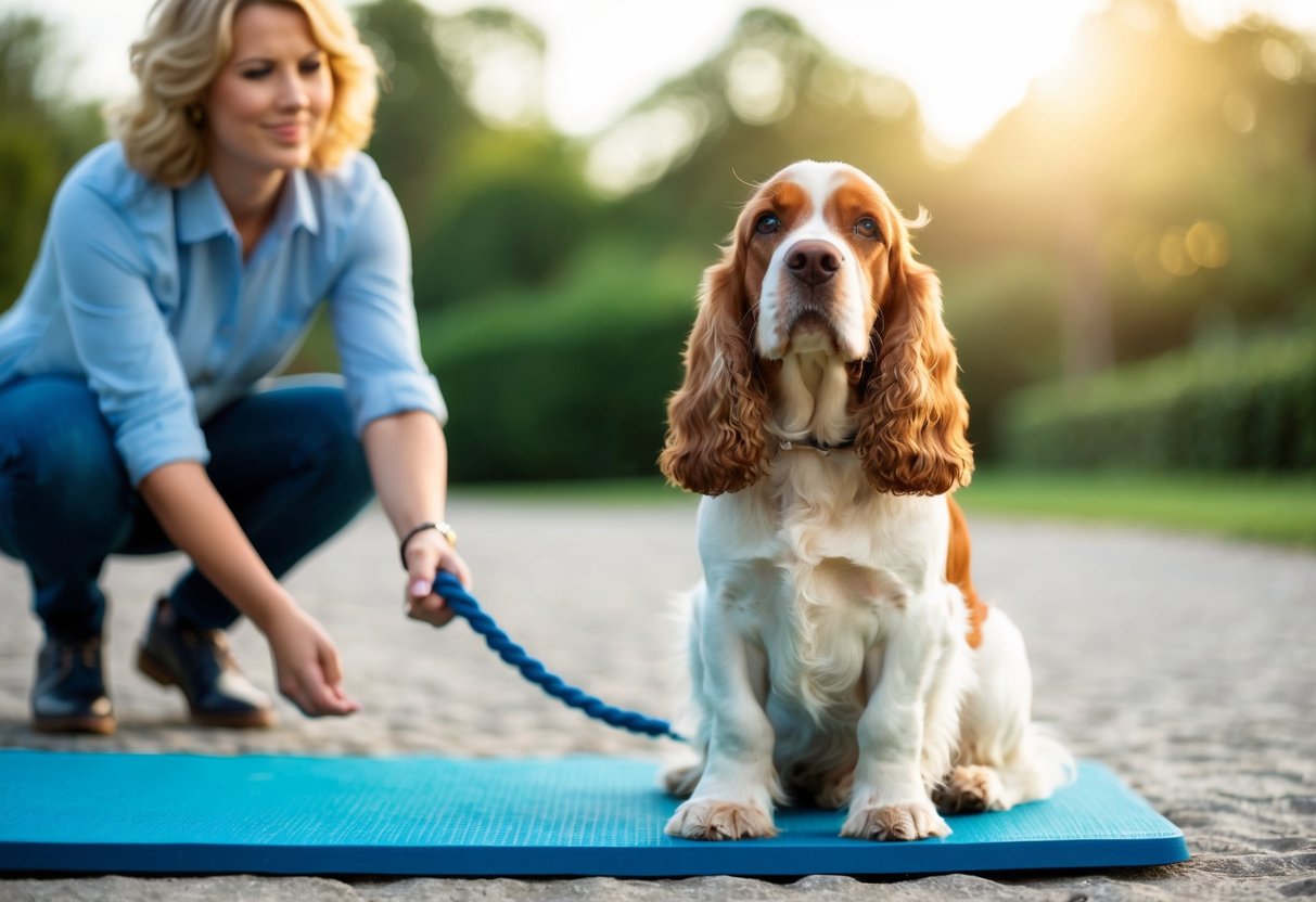 A Cocker Spaniel sits next to a training pad with a satisfied expression, while a proud owner looks on