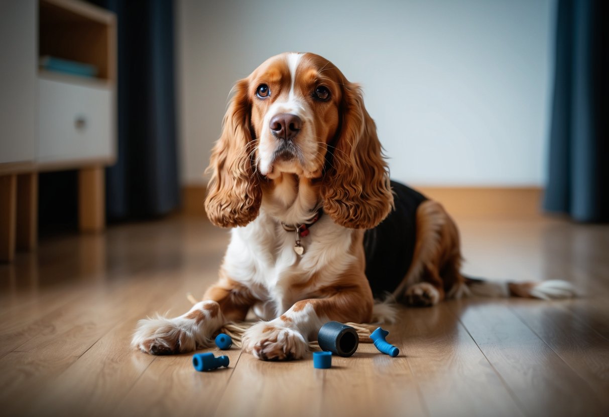 A cocker spaniel sits alone indoors, surrounded by chewed objects and looking forlorn