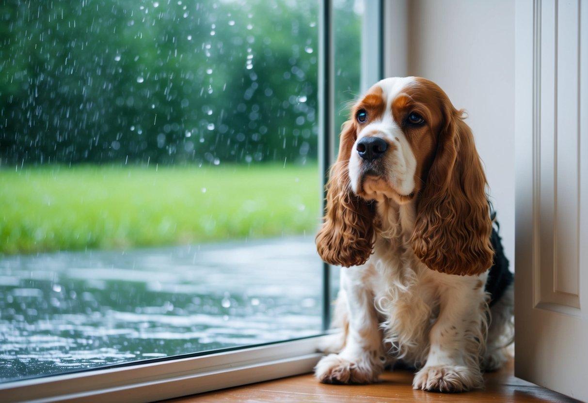 A sad Cocker Spaniel sits by the door, looking longingly outside as rain pours down, unable to go for a walk
