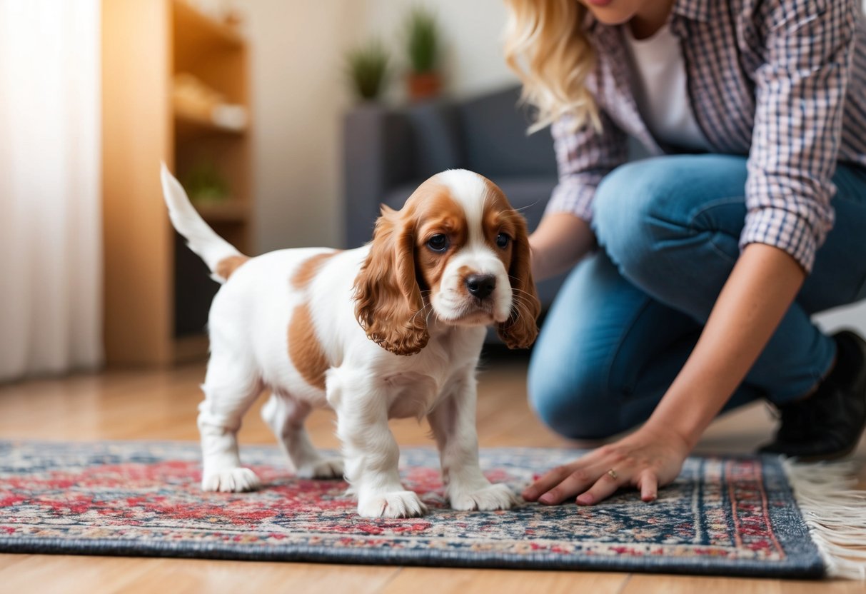 A cocker spaniel puppy peeing on a rug while the owner looks frustrated
