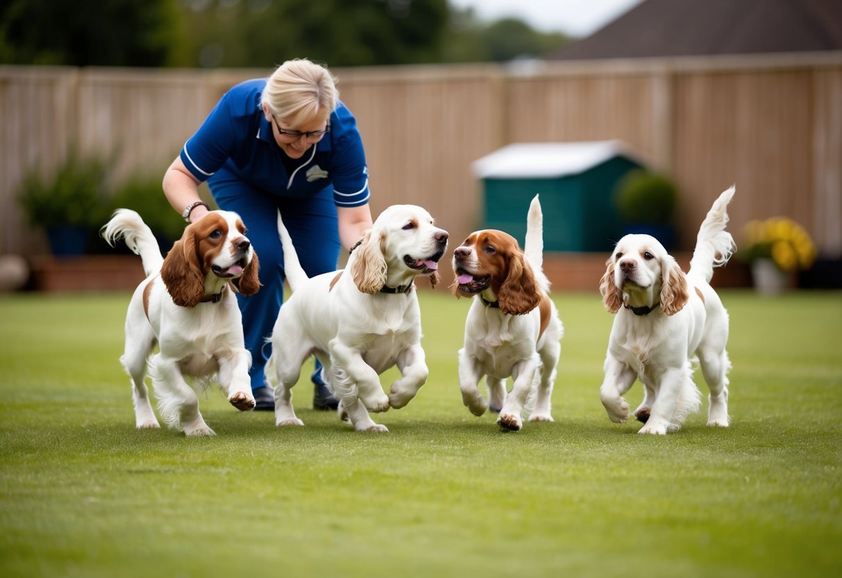 A family of cocker spaniels playing in a spacious, well-maintained outdoor area, with a breeder overseeing the interaction