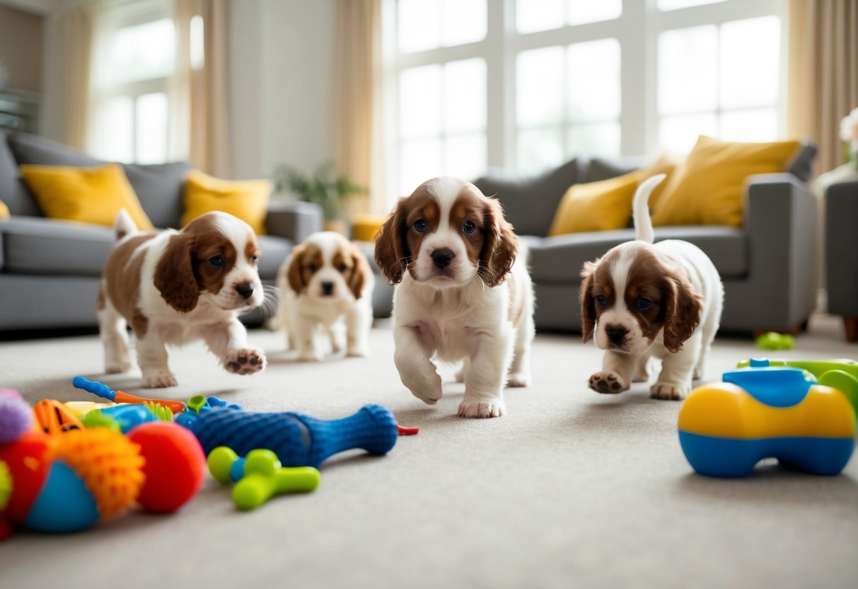 A family of cocker spaniel puppies playing in a spacious, well-lit living room. Toys and puppy supplies scattered on the floor