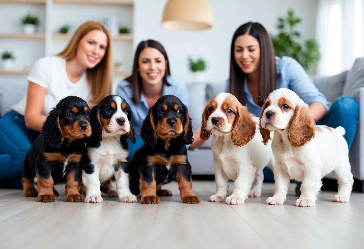 A family of cocker spaniel puppies playfully interact with potential owners in a bright and spacious living room, showcasing their friendly and energetic personalities