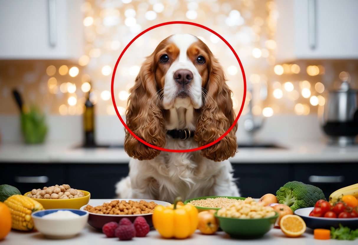 A cocker spaniel surrounded by various foods, with a red circle and line through items they cannot eat
