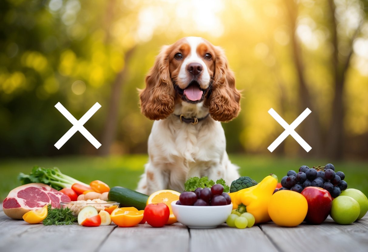 A happy Cocker Spaniel surrounded by safe foods like meat, veggies, and fruits, with a clear "X" over dangerous foods like chocolate and grapes