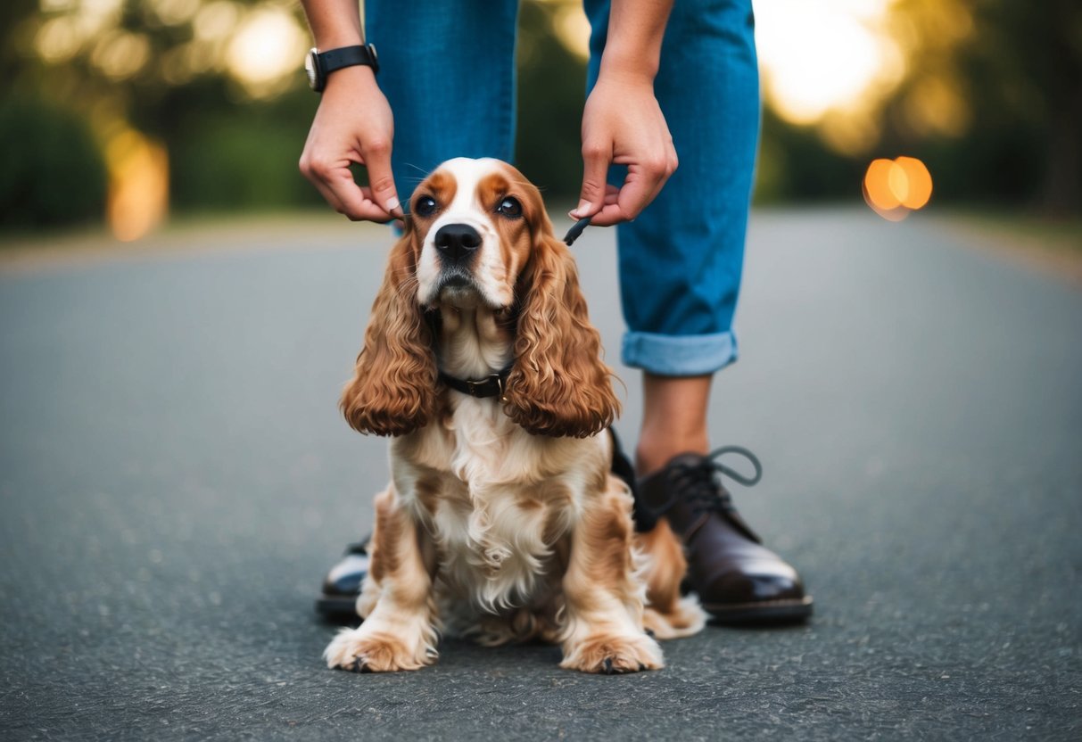 A cocker spaniel sitting by the feet of a person, wagging its tail and looking up at them with adoring eyes