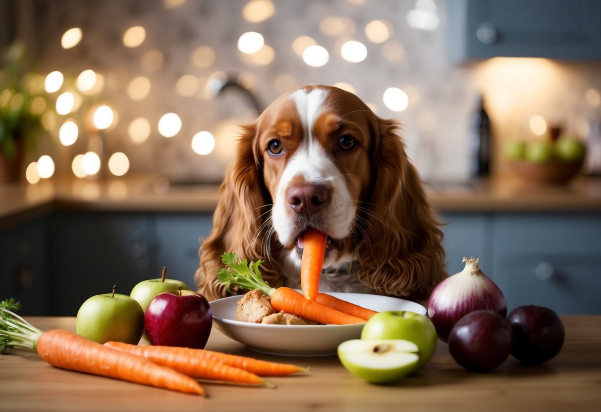 A Cocker Spaniel happily eating carrots, apples, and cooked chicken. Avoiding chocolate, grapes, and onions